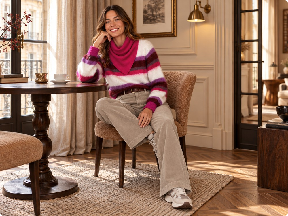 Model in streeptrui en taupe ribcord broek aan tafel