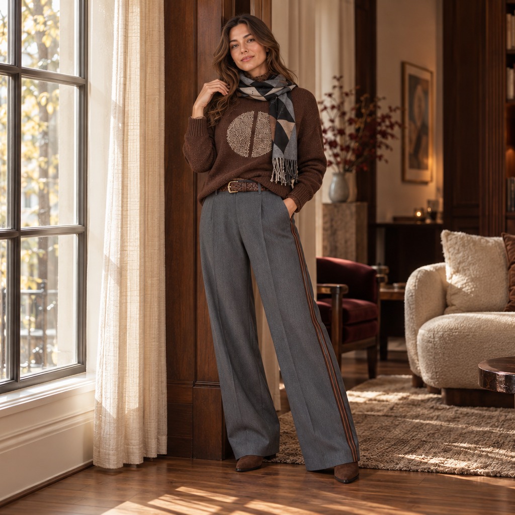 Bruine trui & grijze pantalon