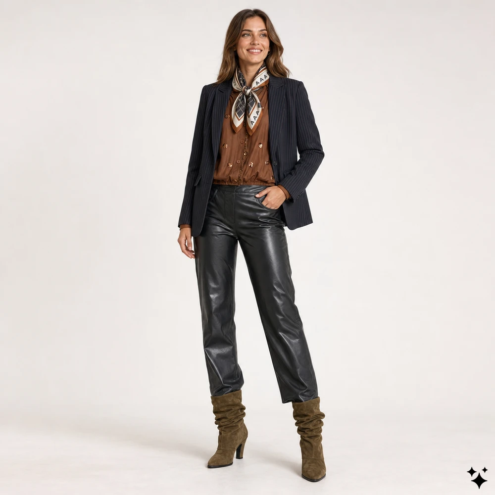 Gestreepte nachtblauwe blazer met paillettenblouse en kunstleren broek – Summum, NUKUS & Yaya