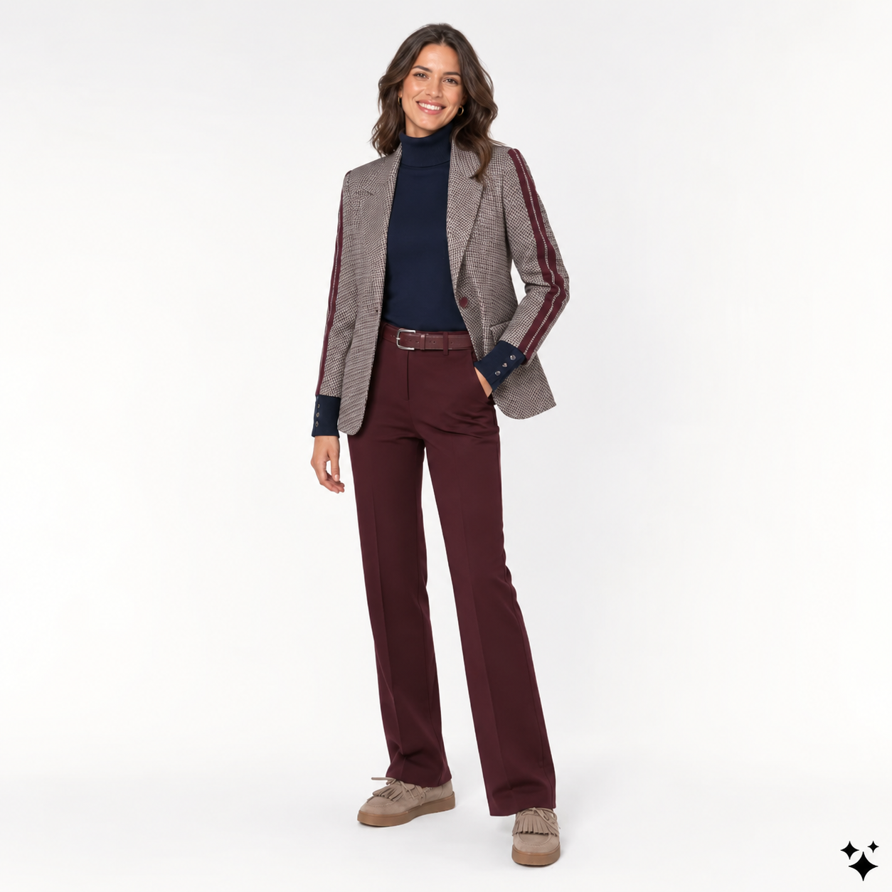 Geruite bordeaux blazer met punta broek en marine longsleeve – Geisha, Red Button & Ned