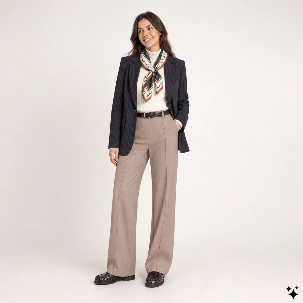Gestreepte nachtblauwe blazer met taupe broek en ecru top – Summum, NUKUS & Ned