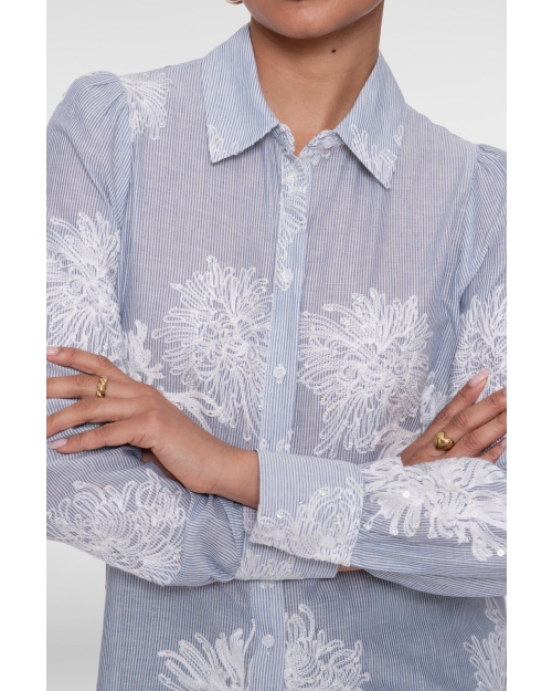 Geisha Blouse embroidered flowers 625 blue/off-white