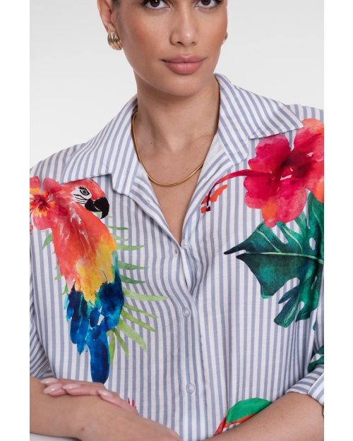 Geisha Blouse stripes & birds 600 light blue/off-white/pink/green
