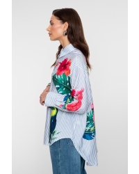 Geisha Blouse stripes & birds 600 light blue/off-white/pink/green