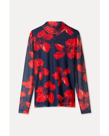 POM Amsterdam TURTLENECK - Romi Mesh Bloom Rouge 998 multi colour