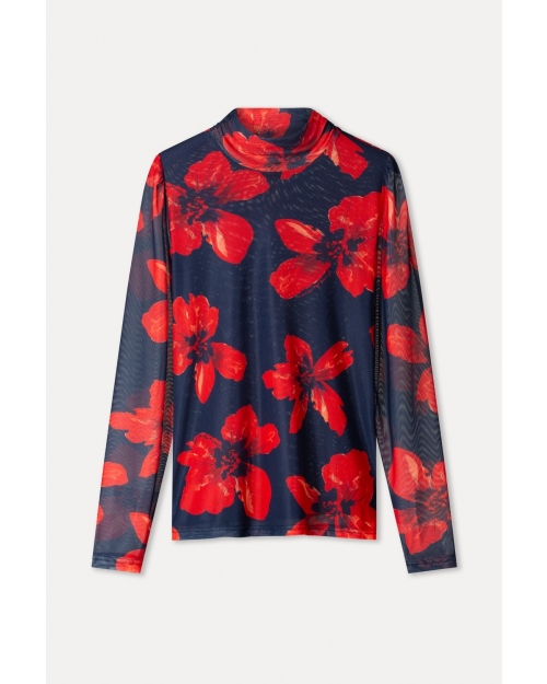 POM Amsterdam TURTLENECK - Romi Mesh Bloom Rouge 998 multi colour