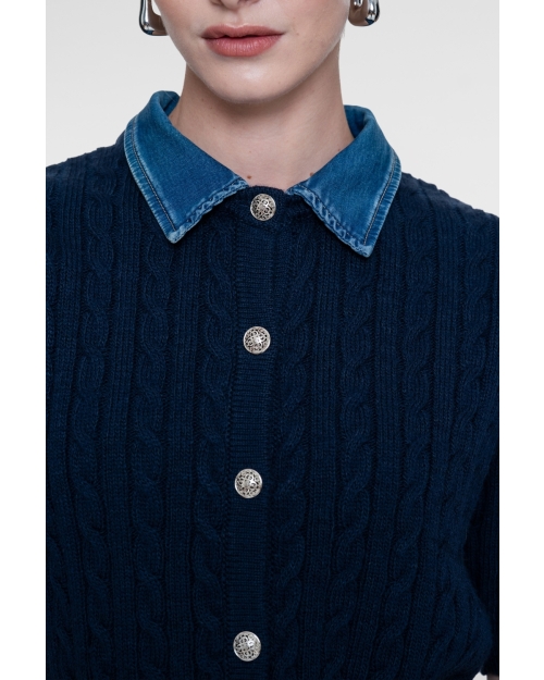 Geisha Cardigan + denim collar 675 navy/denim