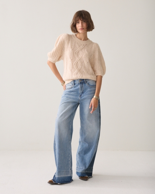 Summum Puff sleeve sweater Cozy cable knit 122 Ivory