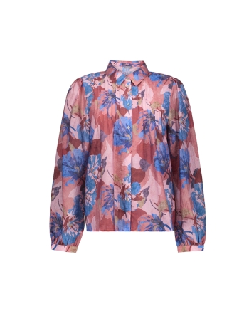 Geisha Blouse with flowers and pleats 625 blue/light pink/burgundy