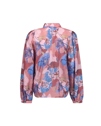 Geisha Blouse with flowers and pleats 625 blue/light pink/burgundy