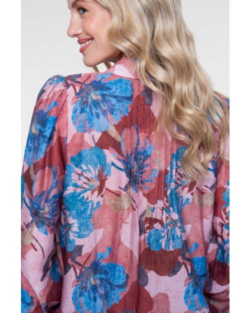 Geisha Blouse with flowers and pleats 625 blue/light pink/burgundy