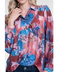 Geisha Blouse with flowers and pleats 625 blue/light pink/burgundy