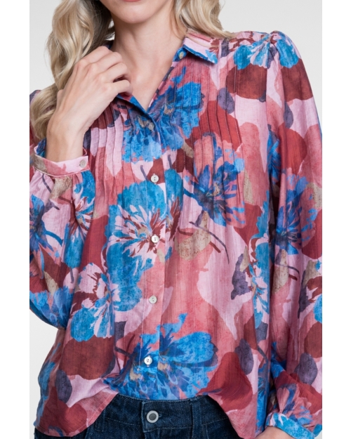 Geisha Blouse with flowers and pleats 625 blue/light pink/burgundy